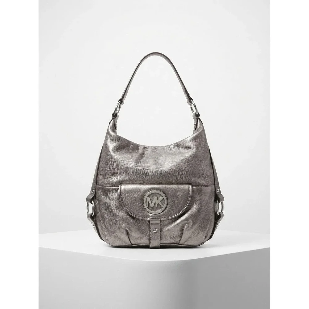 Michael Kors Y2K Women Hobo Bag Medium Silver Leather Fulton MK Medallion